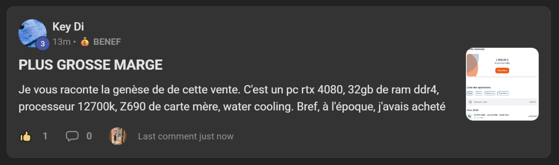 Capture d'un membre postée dans le canal benef