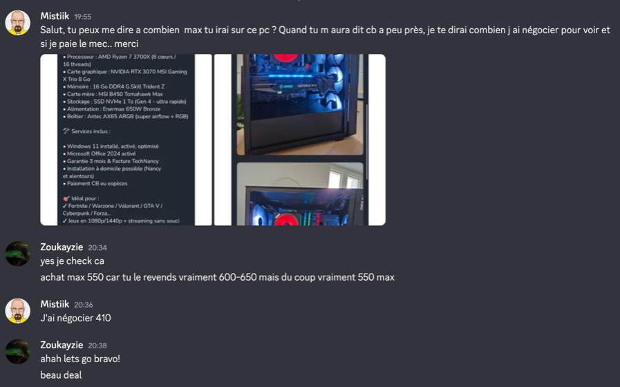Capture d'un membre postée dans le canal benef
