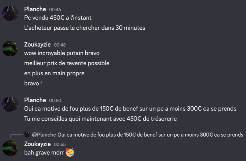 Capture d'un membre postée dans le canal benef