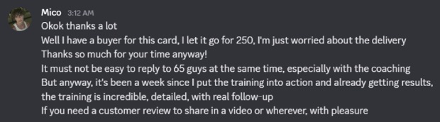 Screenshot #6: result posted by a member in the profits channel