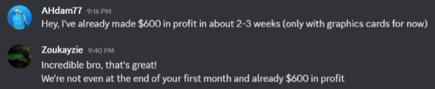 Screenshot #22: result posted by a member in the profits channel