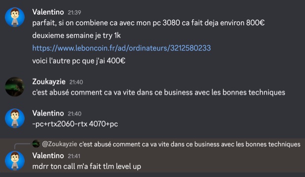 Capture n°5 : résultat publié par un membre dans le canal benef