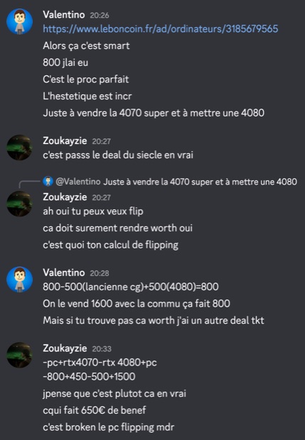 Capture n°6 : résultat publié par un membre dans le canal benef