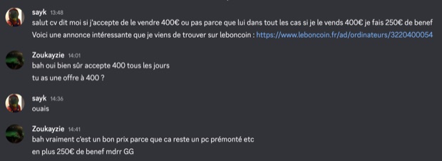 Capture n°7 : résultat publié par un membre dans le canal benef