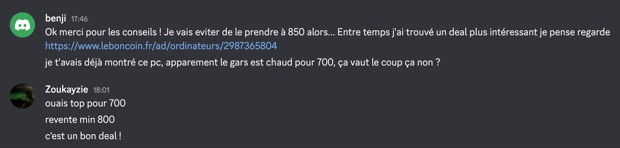 Capture n°14 : résultat publié par un membre dans le canal benef