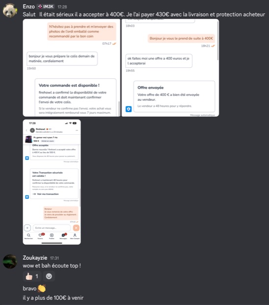 Capture n°15 : résultat publié par un membre dans le canal benef
