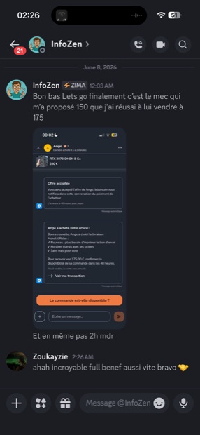 Capture n°19 : résultat publié par un membre dans le canal benef