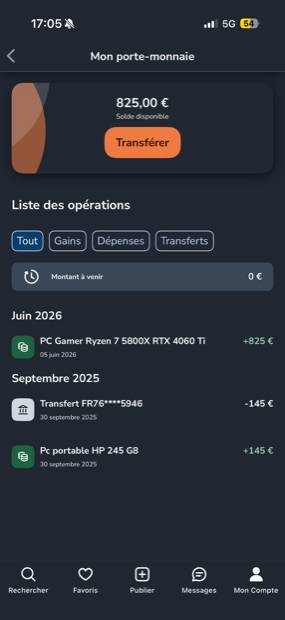 Capture n°20 : résultat publié par un membre dans le canal benef
