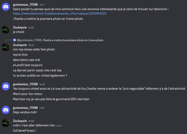 Capture n°22 : résultat publié par un membre dans le canal benef
