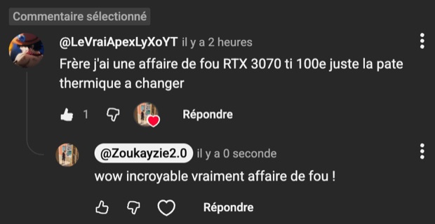 Capture n°26 : résultat publié par un membre dans le canal benef