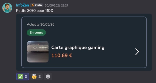 Capture n°28 : résultat publié par un membre dans le canal benef