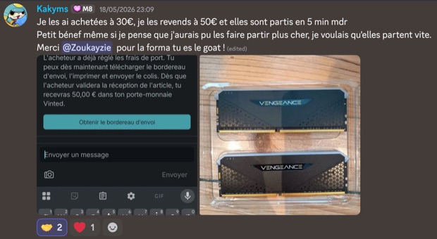 Capture n°29 : résultat publié par un membre dans le canal benef