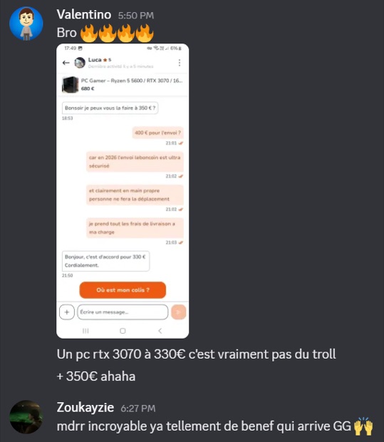 Capture n°35 : résultat publié par un membre dans le canal benef