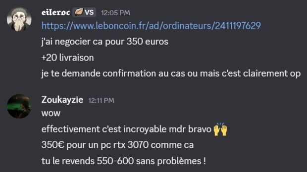 Capture n°36 : résultat publié par un membre dans le canal benef