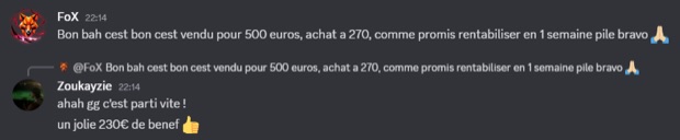 Capture n°37 : résultat publié par un membre dans le canal benef