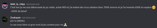 Capture n°39 : résultat publié par un membre dans le canal benef