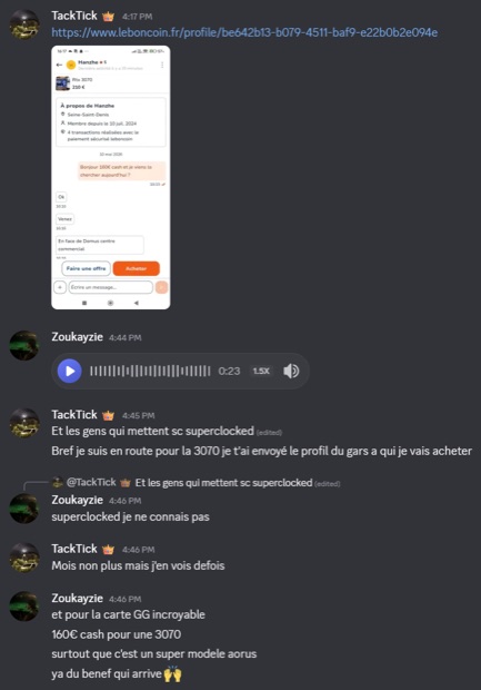 Capture n°40 : résultat publié par un membre dans le canal benef