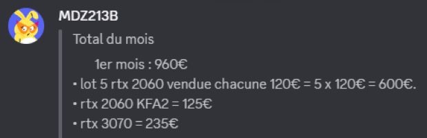 Capture n°44 : résultat publié par un membre dans le canal benef
