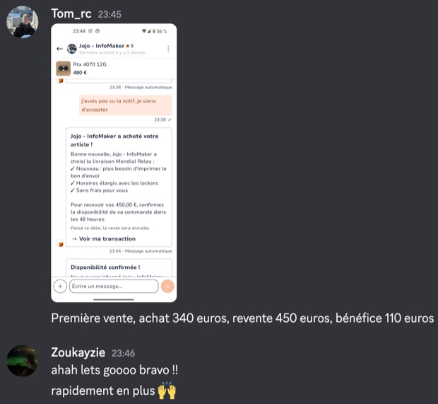 Capture n°47 : résultat publié par un membre dans le canal benef