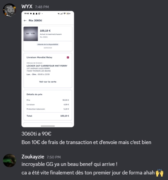Capture n°50 : résultat publié par un membre dans le canal benef