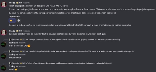 Capture n°51 : résultat publié par un membre dans le canal benef