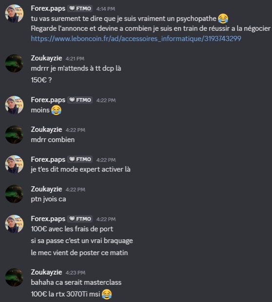 Capture n°53 : résultat publié par un membre dans le canal benef