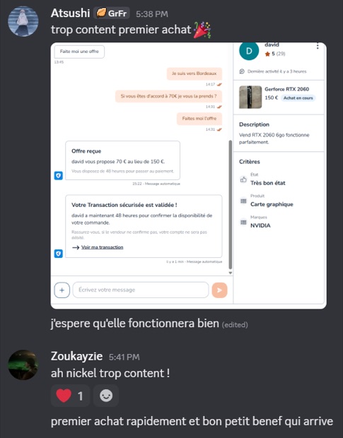 Capture n°55 : résultat publié par un membre dans le canal benef