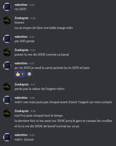 Capture n°58 : résultat publié par un membre dans le canal benef