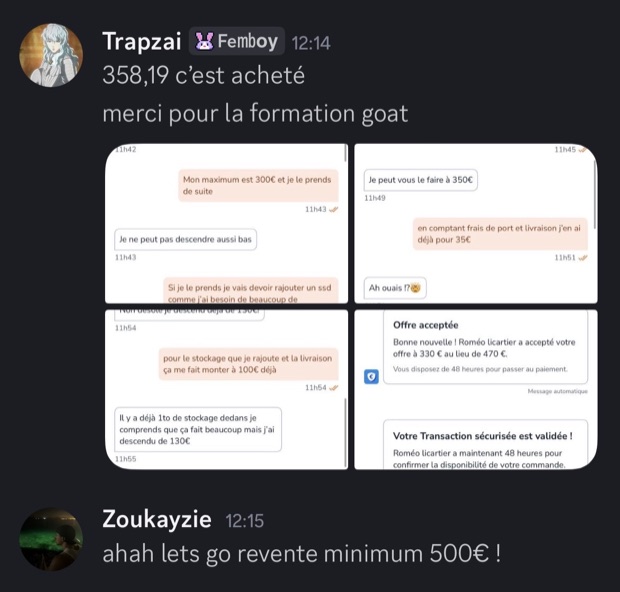 Capture n°61 : résultat publié par un membre dans le canal benef