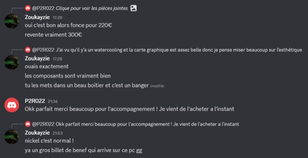 Capture n°62 : résultat publié par un membre dans le canal benef