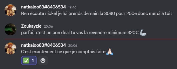 Capture n°63 : résultat publié par un membre dans le canal benef