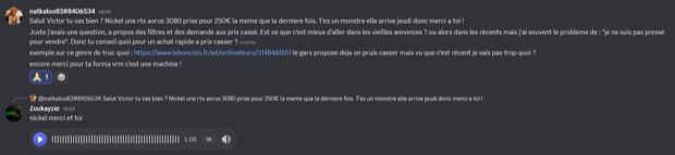 Capture n°65 : résultat publié par un membre dans le canal benef