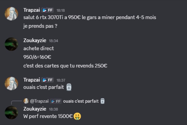Capture n°69 : résultat publié par un membre dans le canal benef