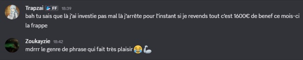 Capture n°71 : résultat publié par un membre dans le canal benef