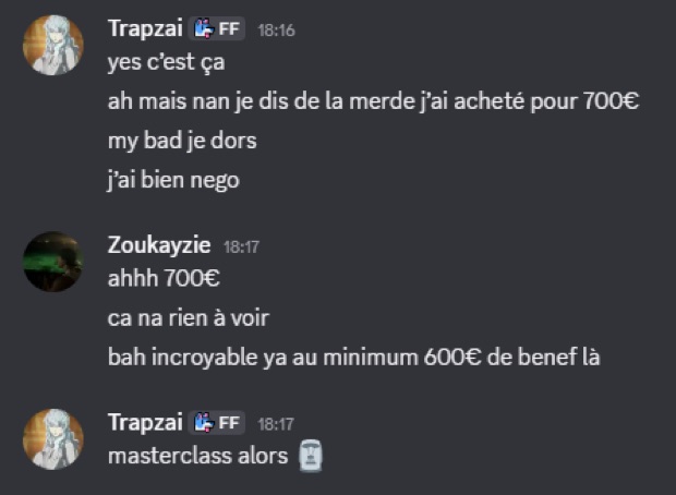 Capture n°72 : résultat publié par un membre dans le canal benef