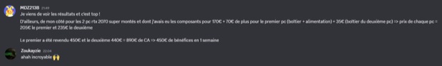 Capture n°73 : résultat publié par un membre dans le canal benef