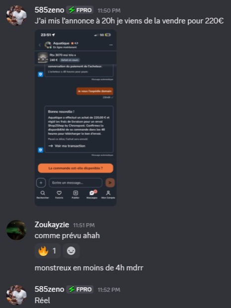 Capture n°74 : résultat publié par un membre dans le canal benef