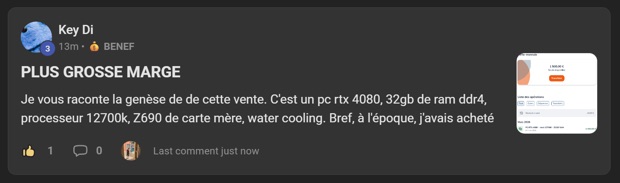 Capture n°75 : résultat publié par un membre dans le canal benef