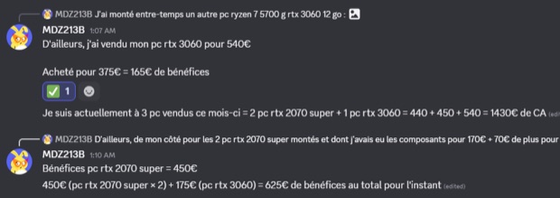 Capture n°77 : résultat publié par un membre dans le canal benef
