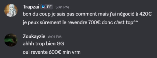 Capture n°78 : résultat publié par un membre dans le canal benef
