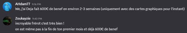 Capture n°79 : résultat publié par un membre dans le canal benef