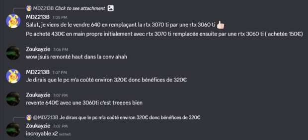 Capture n°83 : résultat publié par un membre dans le canal benef