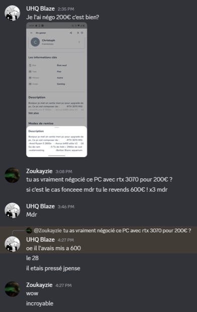 Capture n°85 : résultat publié par un membre dans le canal benef