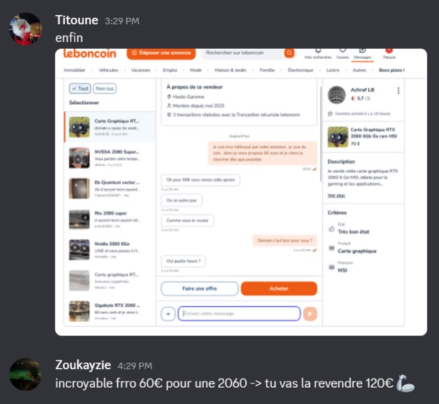 Capture n°89 : résultat publié par un membre dans le canal benef