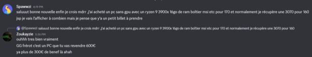Capture n°91 : résultat publié par un membre dans le canal benef