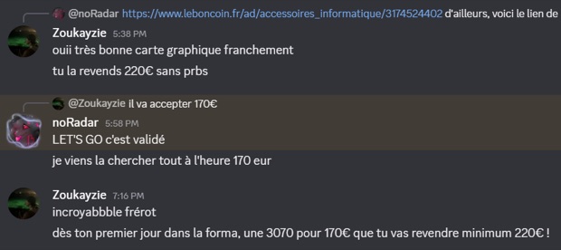 Capture n°92 : résultat publié par un membre dans le canal benef