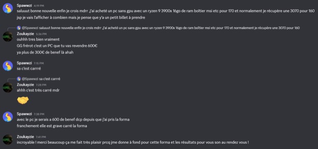 Capture n°95 : résultat publié par un membre dans le canal benef