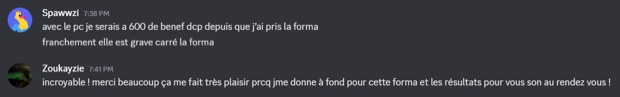 Capture n°96 : résultat publié par un membre dans le canal benef