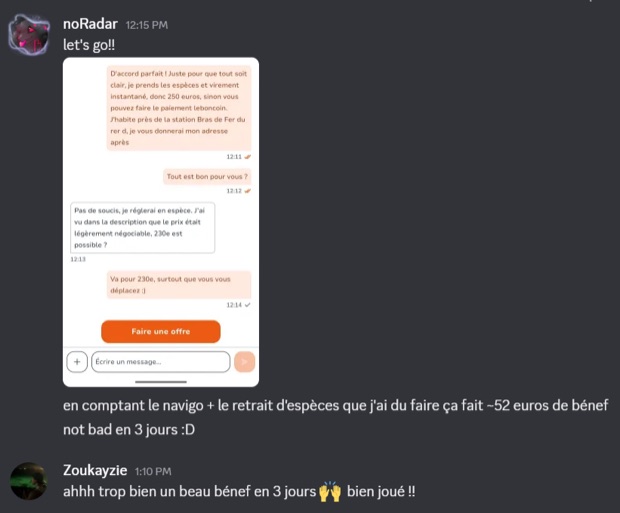 Capture n°100 : résultat publié par un membre dans le canal benef