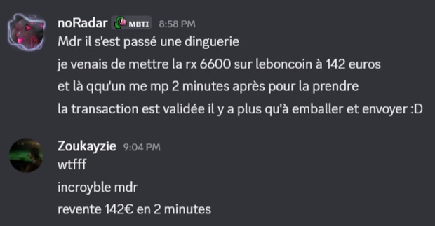 Capture n°104 : résultat publié par un membre dans le canal benef